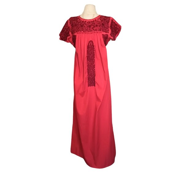 Mexican Oaxacan Red On Red Embroidered Dress Maxi Length Vintage Small Medium - Picture 1 of 16